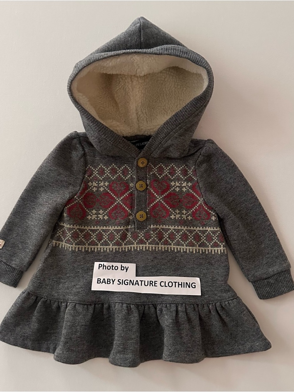 Ralph Lauren 9 Months Baby Girl Gray Hooded Dress Red Fair Isle Christmas